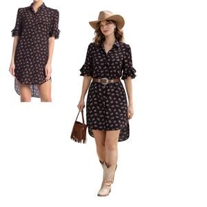 FRAME Printed Ruffled High Low Silk Shirtdress Black Red Floral Small